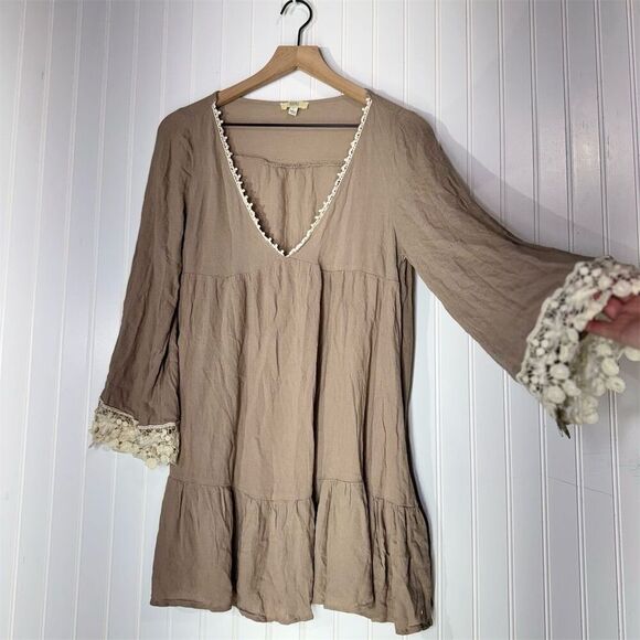 Kori America L Boho Taupe Mini Dress Crochet Bell Sleeve Babydoll Lagenlook - Picture 2 of 9